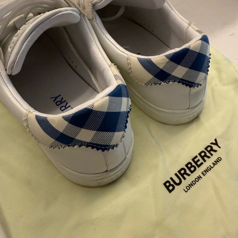 Burberry White Leather Sneakers with Blue Check Heel - Picture 2 of 5
